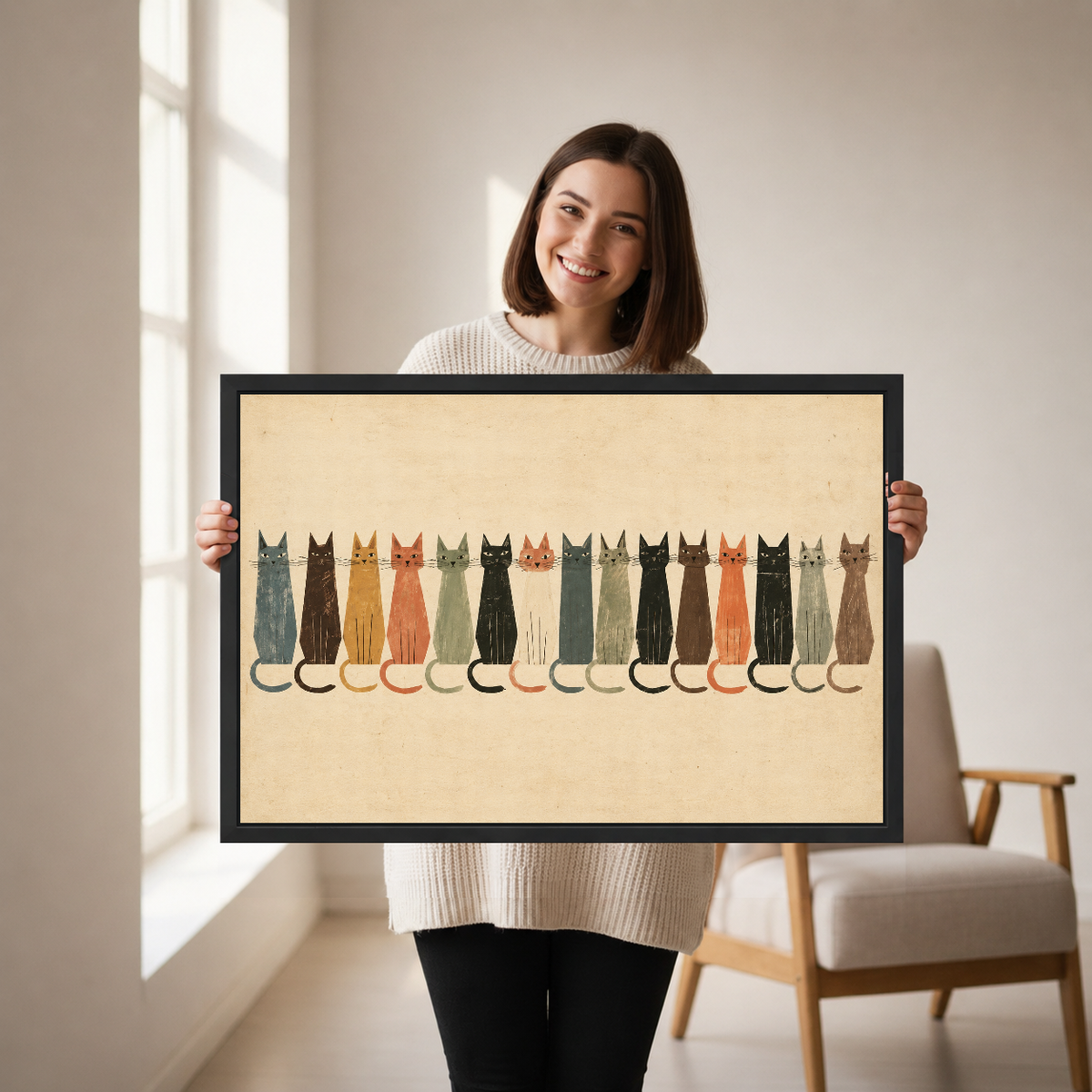 Cat Parade Canvas Wall Art held in a black landscape frame by a standing woman.
