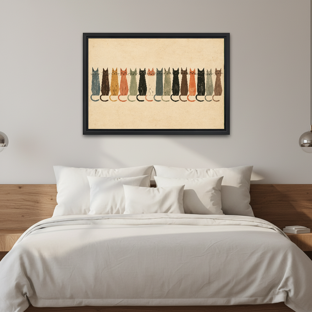 Cat Parade Canvas Wall Art framed above white bedding and a warm wood headboard.