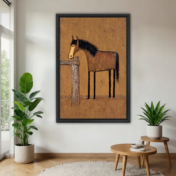 Rustic Horse Canvas Wall Art framed above a wood table with green plants.