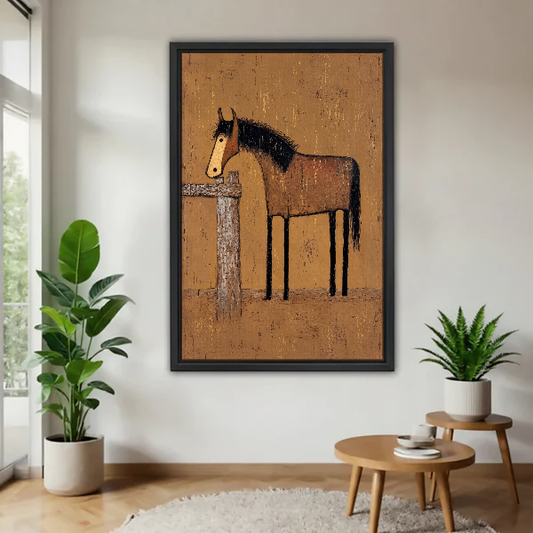 Rustic Horse Canvas Wall Art framed above a wood table with green plants.