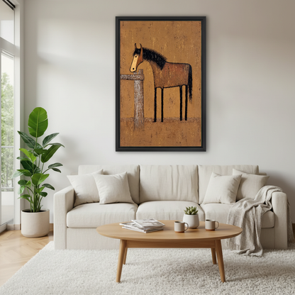 Rustic Horse Canvas Wall Art framed above a white sofa and round coffee table.