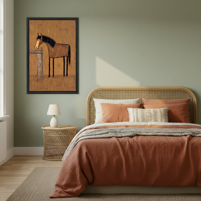 Rustic Horse Canvas Wall Art framed above copper bedding against a muted olive wall.