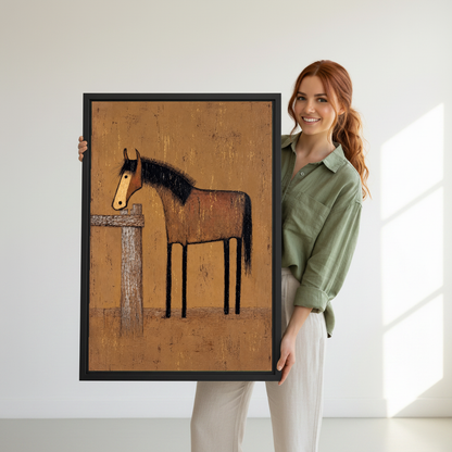 Rustic Horse Canvas Wall Art held in a black frame by a woman wearing green.