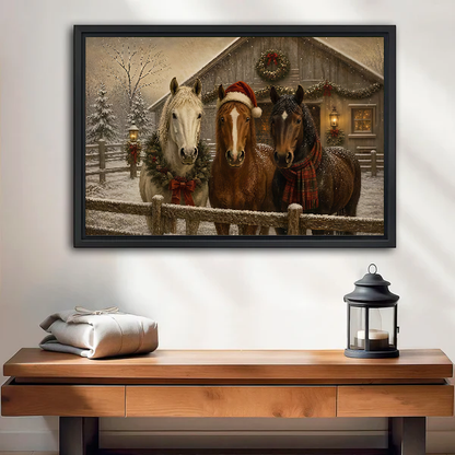 Christmas Horses Canvas Wall Art framed above a wood console with linen and a lantern.