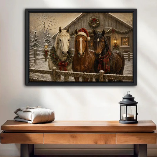 Christmas Horses Canvas Wall Art framed above a wood console with linen and a lantern.