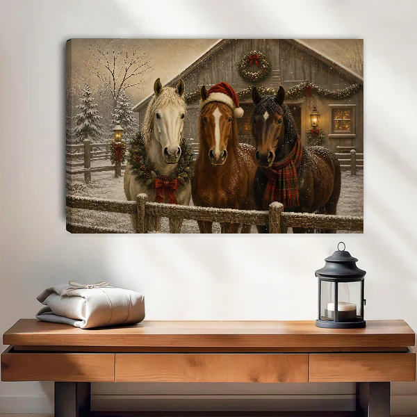 Christmas Horses Canvas Wall Art unframed above a wood console with linen and a lantern.