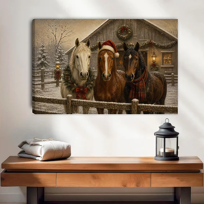 Christmas Horses Canvas Wall Art unframed above a wood console with linen and a lantern.