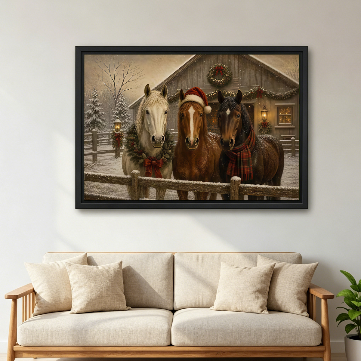 Christmas Horses Canvas Wall Art framed above a cream sofa with wooden arms.