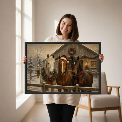 Christmas Horses Canvas Wall Art held in a black landscape frame by a standing woman.
