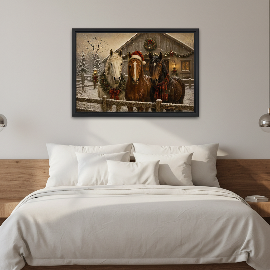 Christmas Horses Canvas Wall Art framed above white bedding and a warm wood headboard.