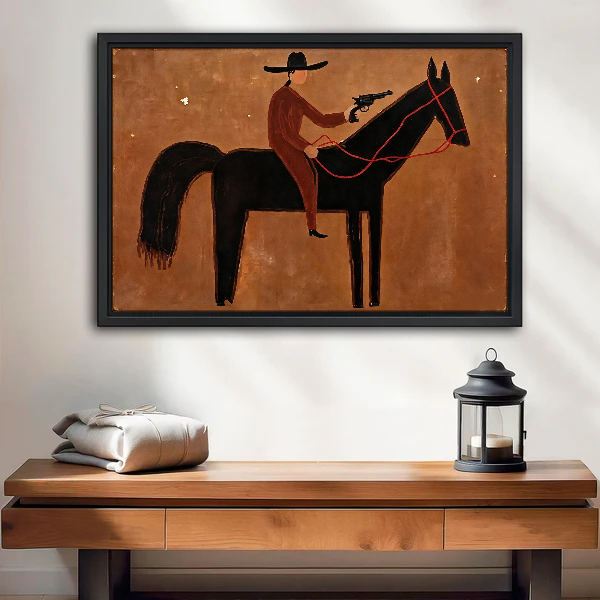 Cowboy Rider Canvas Wall Art framed above a wood console with linen and a lantern.