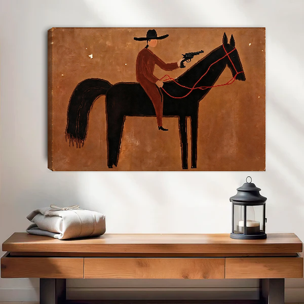 Cowboy Rider Canvas Wall Art unframed above a wood console with linen and a lantern.