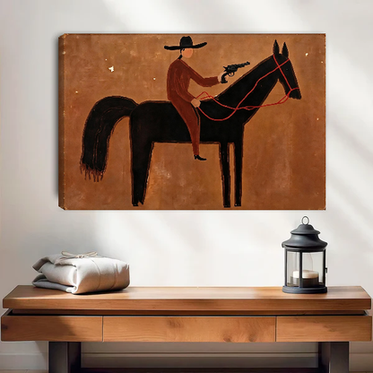 Cowboy Rider Canvas Wall Art unframed above a wood console with linen and a lantern.