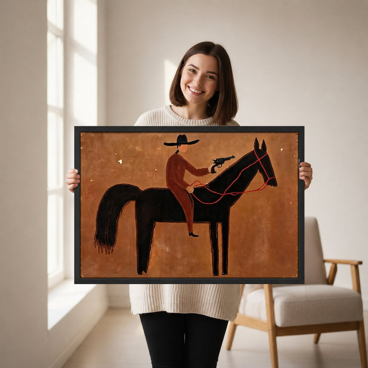 Cowboy Rider Canvas Wall Art held in a black frame by a smiling woman beside a sunny window.