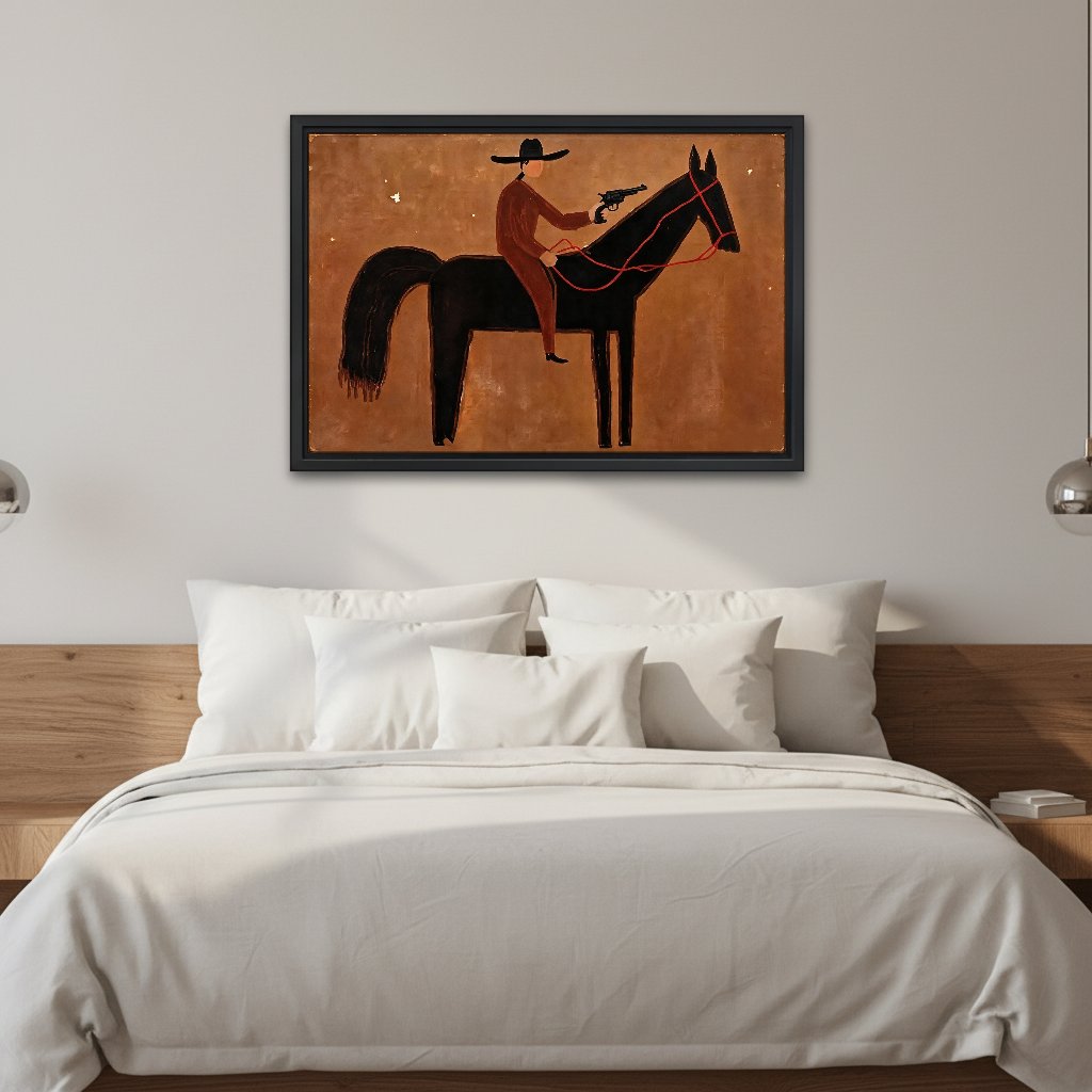 Cowboy Rider Canvas Wall Art framed above white bedding and a wooden headboard in a calm bedroom.