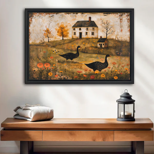 Autumn Geese Canvas Wall Art framed above a wood console with linen and a lantern.