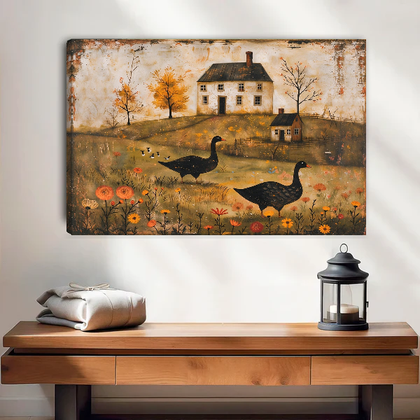 Autumn Geese Canvas Wall Art unframed above a wood console with linen and a lantern.