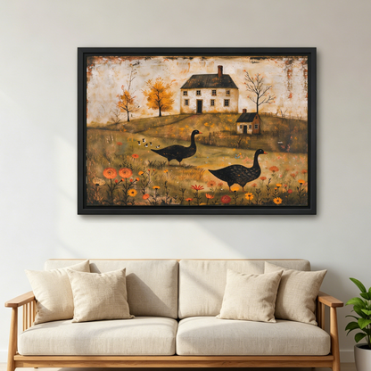 Autumn Geese Canvas Wall Art framed above a cream sofa with wooden arms.