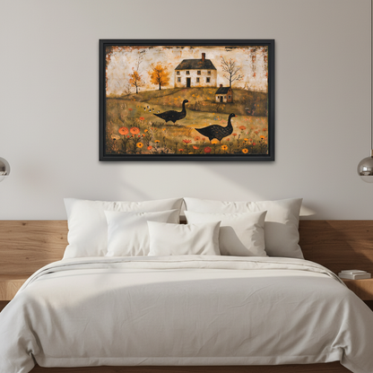 Autumn Geese Canvas Wall Art framed above white bedding and a warm wood headboard.