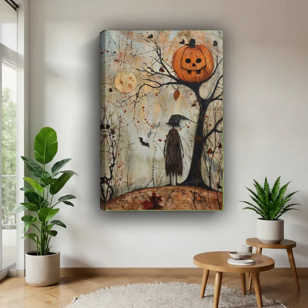 Pumpkin Tree Canvas Wall Art unframed above a wood table with green plants.
