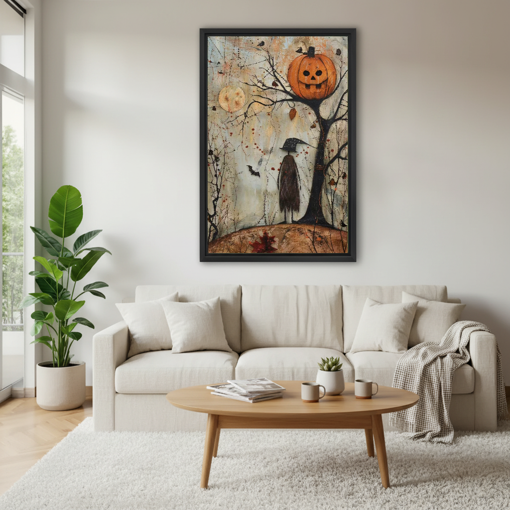 Pumpkin Tree Canvas Wall Art framed above a white sofa and round coffee table.