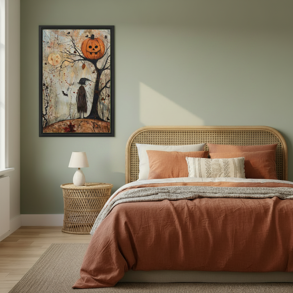 Pumpkin Tree Canvas Wall Art framed above copper bedding against a muted olive wall.