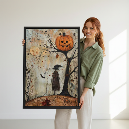 Pumpkin Tree Canvas Wall Art held in a black frame by a woman wearing green.