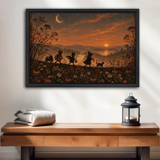 Halloween Parade Canvas Wall Art framed above a wood console with linen and a lantern.