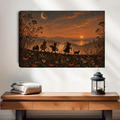 Halloween Parade Canvas Wall Art unframed above a wood console with linen and a lantern.