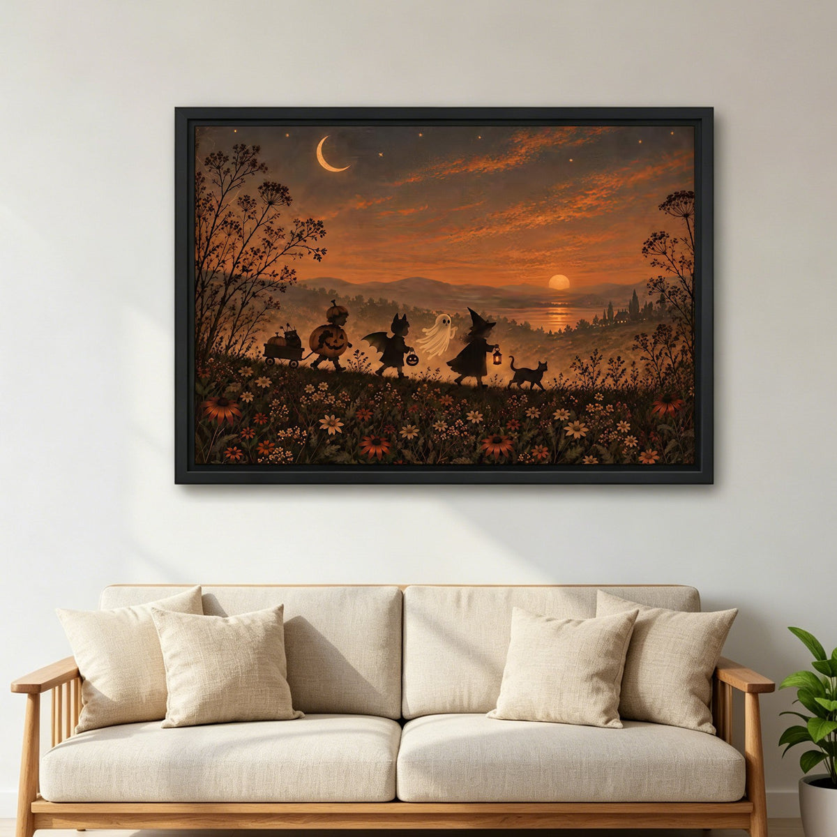 Moonlight Witch Parade Canvas Wall Art framed above a beige sofa with cushions in a bright living room.
