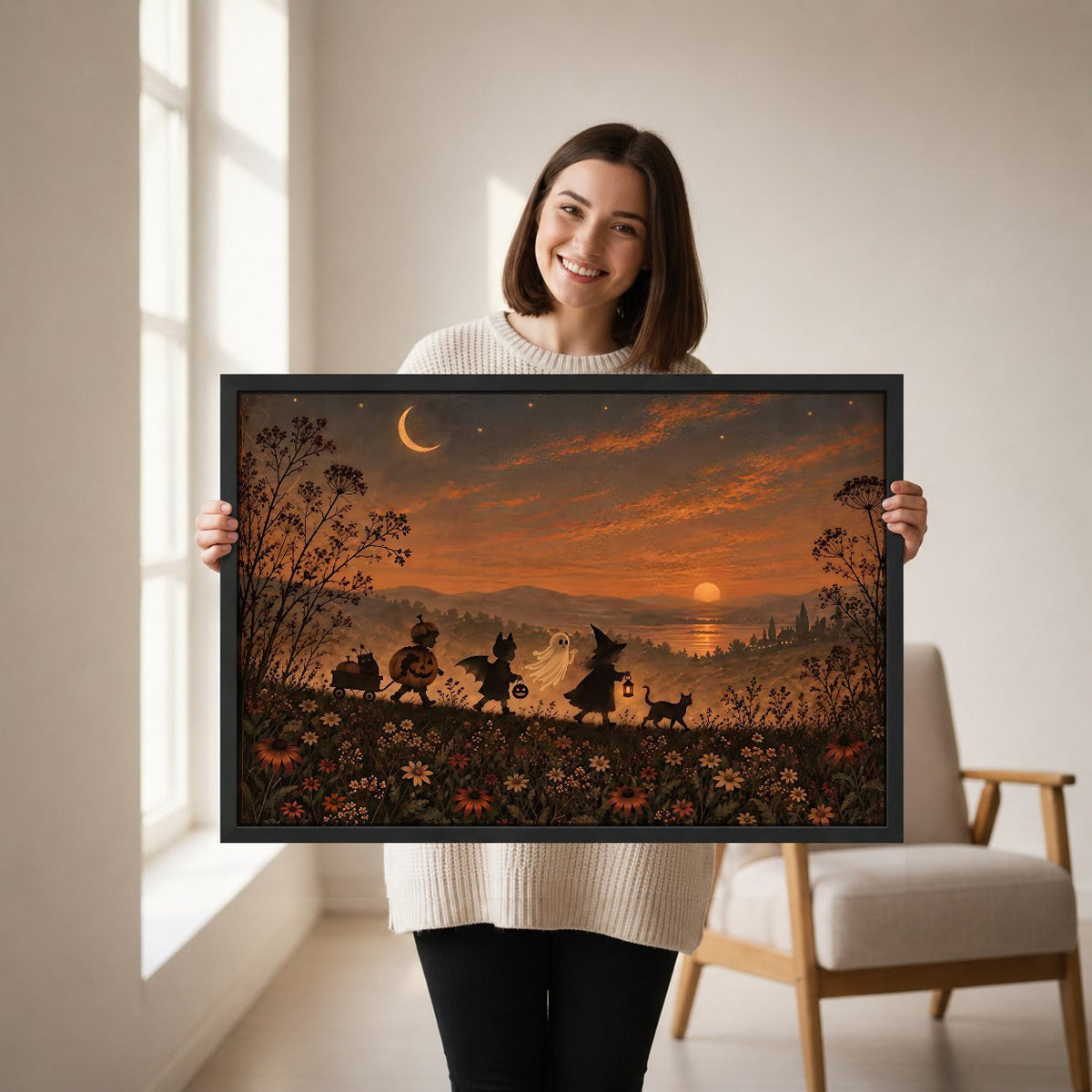 Moonlight Witch Parade Canvas Wall Art held in a black frame by a smiling woman beside a sunny window.