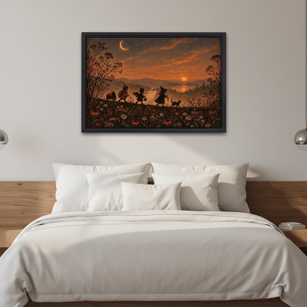Moonlight Witch Parade Canvas Wall Art framed above white bedding and a wooden headboard in a calm bedroom.