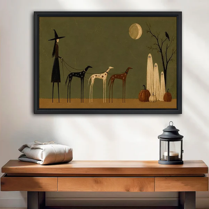 Witch Dogs Canvas Wall Art framed above a wood console with linen and a lantern.