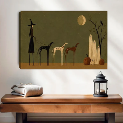 Witch Dogs Canvas Wall Art unframed above a wood console with linen and a lantern.