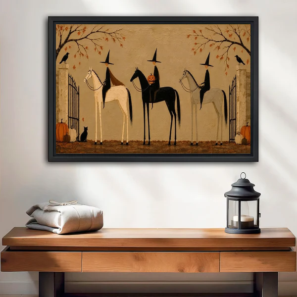 Witch Riders Canvas Wall Art framed above a wood console with linen and a lantern.