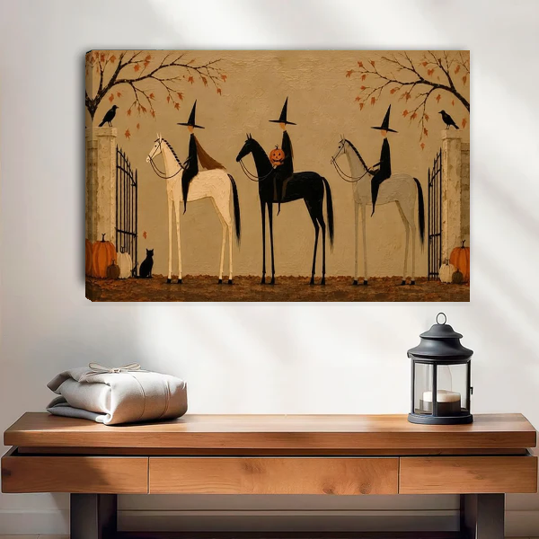 Witch Riders Canvas Wall Art unframed above a wood console with linen and a lantern.