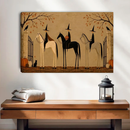 Witch Riders Canvas Wall Art unframed above a wood console with linen and a lantern.