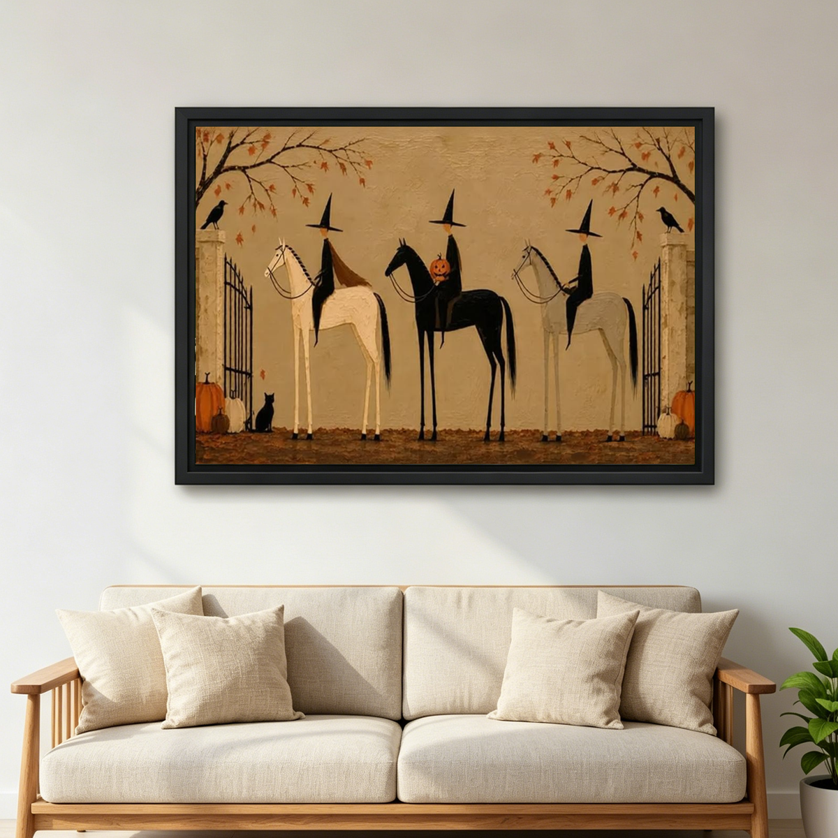 Witch Riders Canvas Wall Art framed above a cream sofa with wooden arms.