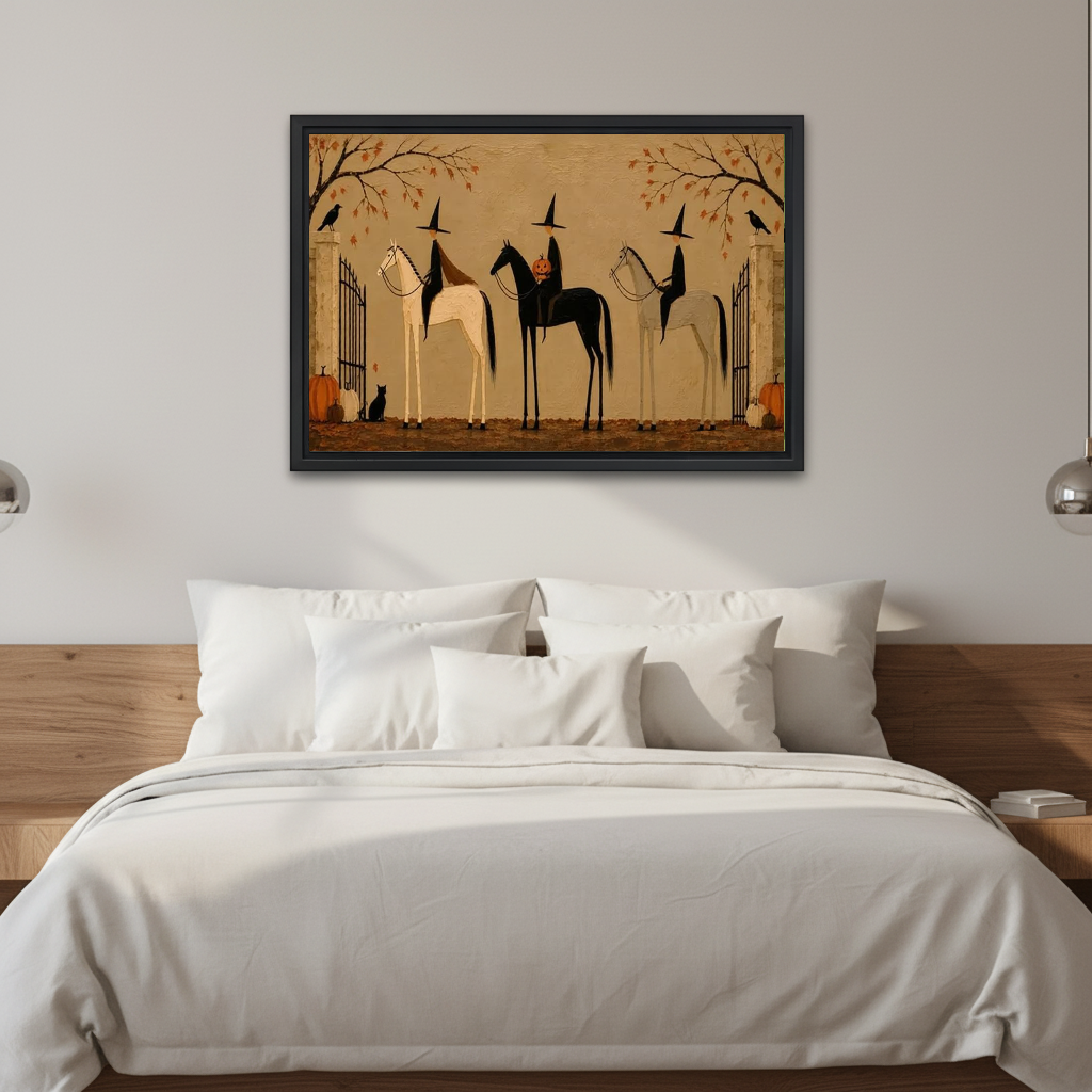 Witch Riders Canvas Wall Art framed above white bedding and a warm wood headboard.