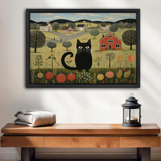 Country Cat Canvas Wall Art framed above a wood console with linen and a lantern.