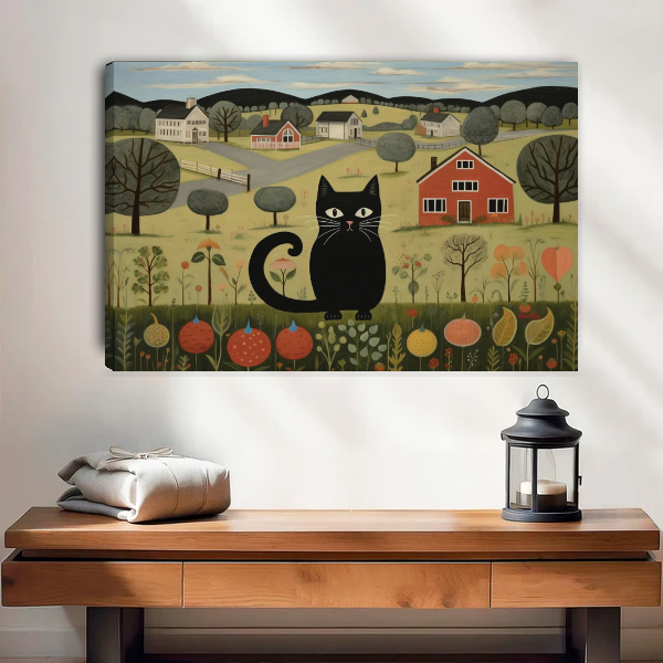 Country Cat Canvas Wall Art unframed above a wood console with linen and a lantern.
