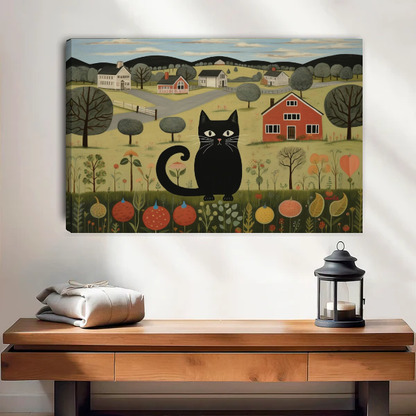 Country Cat Canvas Wall Art unframed above a wood console with linen and a lantern.