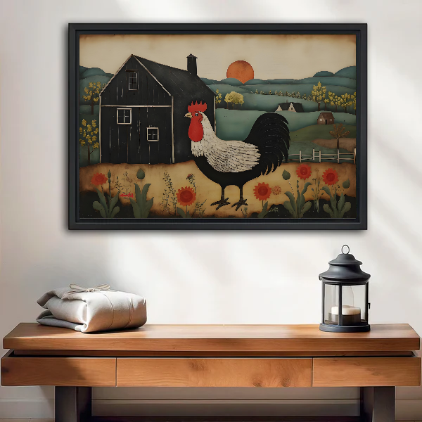 Farm Rooster Canvas Wall Art framed above a wood console with linen and a lantern.