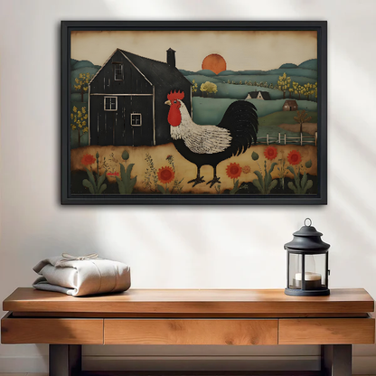 Farm Rooster Canvas Wall Art framed above a wood console with linen and a lantern.
