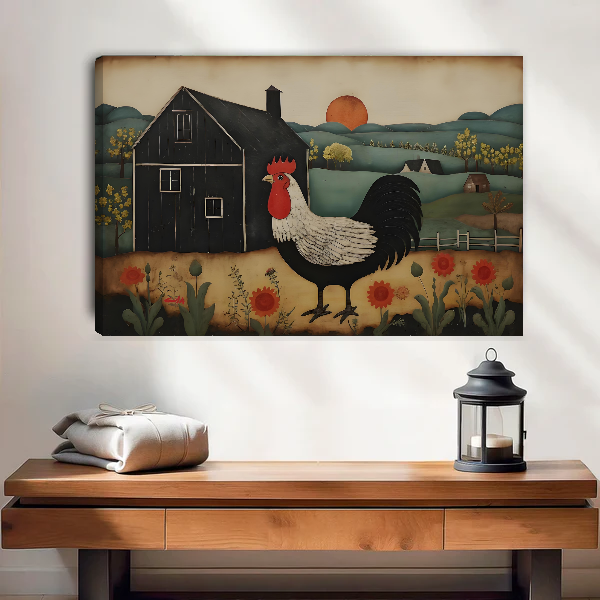 Farm Rooster Canvas Wall Art unframed above a wood console with linen and a lantern.