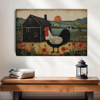 Farm Rooster Canvas Wall Art unframed above a wood console with linen and a lantern.