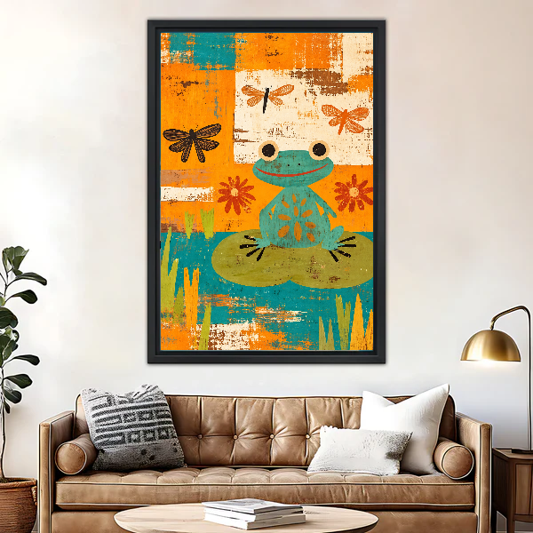 Collage Frog Canvas Wall Art framed above a leather sofa beside a brass lamp.
