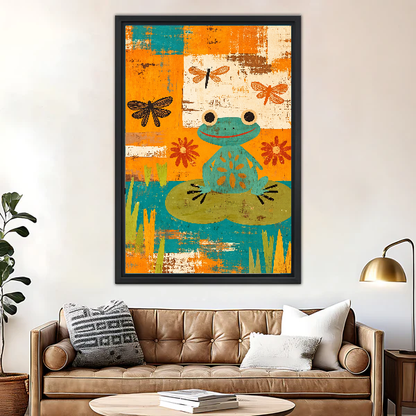 Collage Frog Canvas Wall Art framed above a leather sofa beside a brass lamp.