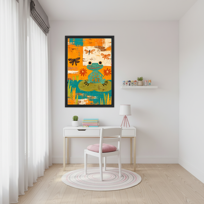 Collage Frog Canvas Wall Art framed above a white desk with a pink chair.
