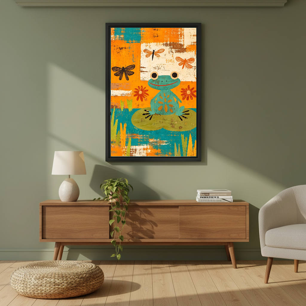 Collage Frog Canvas Wall Art framed above a wooden console against an olive wall.